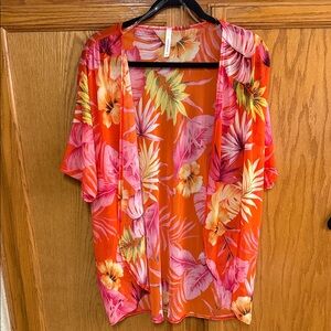 Chocolate Orange Floral Kimono Jacket with Pink & Yellow Accents